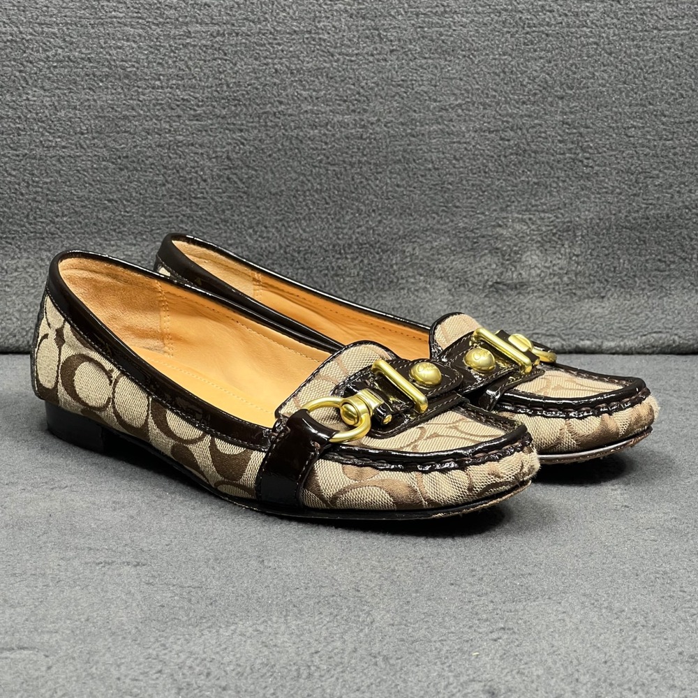 COACH Women's Signature Jacquard Tan Brown Leather Trim Loafers Size 7.5 B